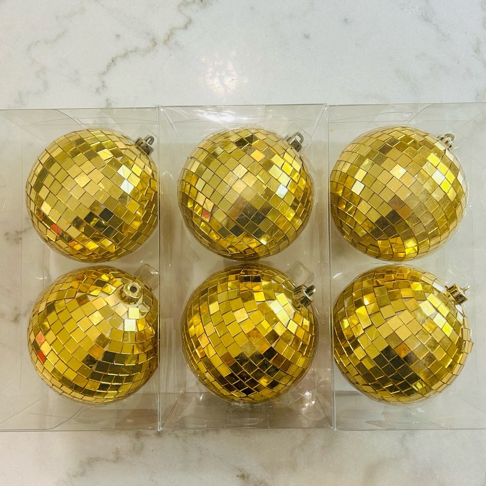 6-Large Ornaments Ashland Mirror Disco Ball 6 pieces New in Box- Gold 3.9” 100mm